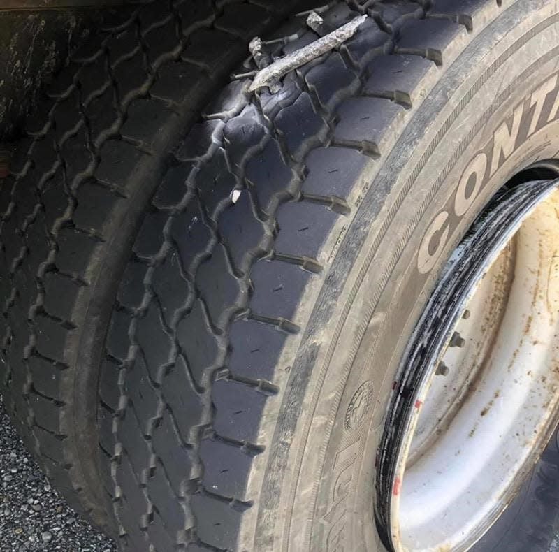 A tire deflated by a caltrop on I-20 in Smith County, Texas.