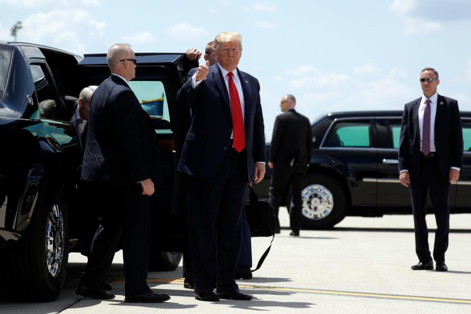 President Donald Trump arrives to board Air Force One at Wright-Patterson Air Force Base after meeting with people affected by the mass shooting in Dayton, Ohio, Wednesday, Aug. 7, 2019, at Wright-Patterson Air Force Base, Ohio. (AP Photo/Evan Vucci)
