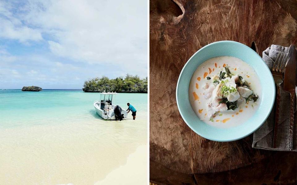 From left: Guests at Vatuvara have the island’s supply of watersports equipment all to themselves; kokoda, or Fijian-style ceviche made with coconut milk, at Six Senses.