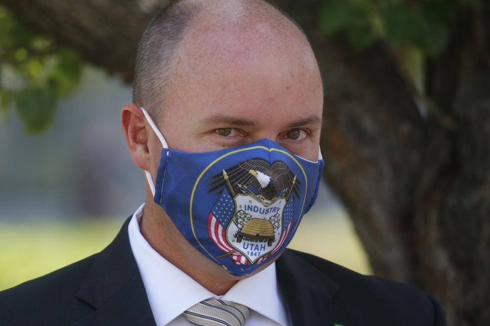 Lt. Gov Spencer Cox arrives for a press conference at the Utah State Capitol Tuesday, July 7, 2020, in Salt Lake City. Jon Huntsman Jr. was narrowly beaten Monday, July 6, 2020, by Cox, who had heightened visibility as he helped respond to the coronavirus and managed to pitch himself as an earnest politician with rural Utah roots. (AP Photo/Rick Bowmer)