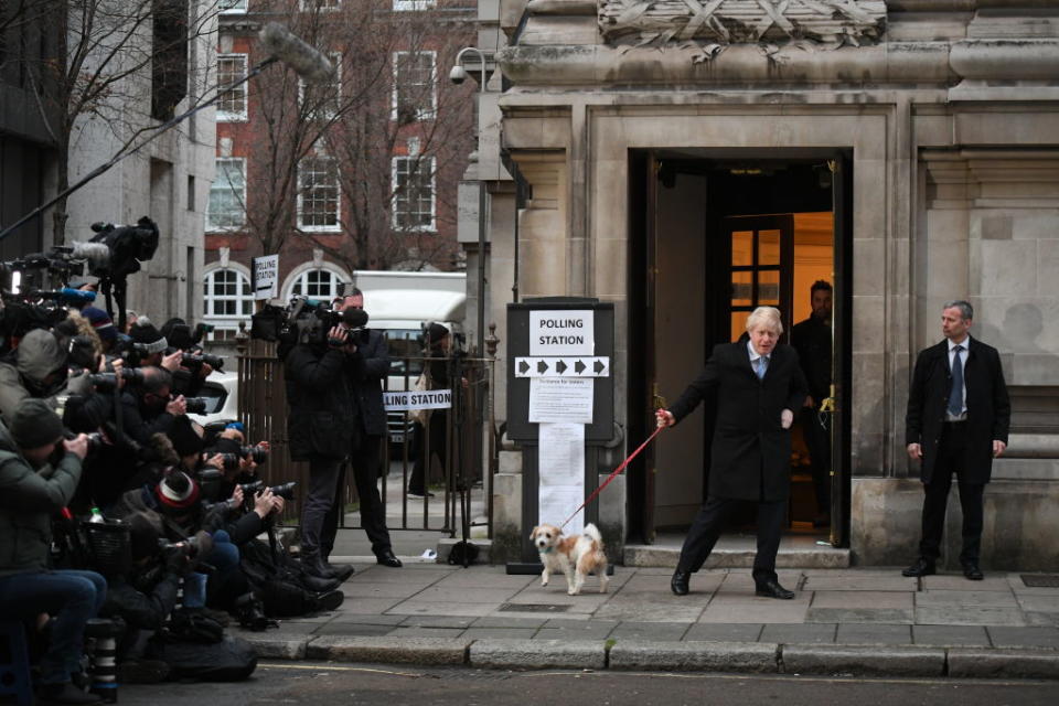 Prime Minister Boris Johnson leaves after casting his vote with dog Dilyn at Methodist Hall polling station on December 12, 2019 in London, England. Source: Getty