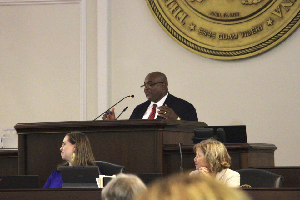 North Carolina Lt. Gov. Mark Robinson, a Republican candidate for governor in 2024, presides over the state Senate veto override votes Wednesday, Aug. 16, 2023, in Raleigh, N.C. (AP Photo/Hannah Schoenbaum)