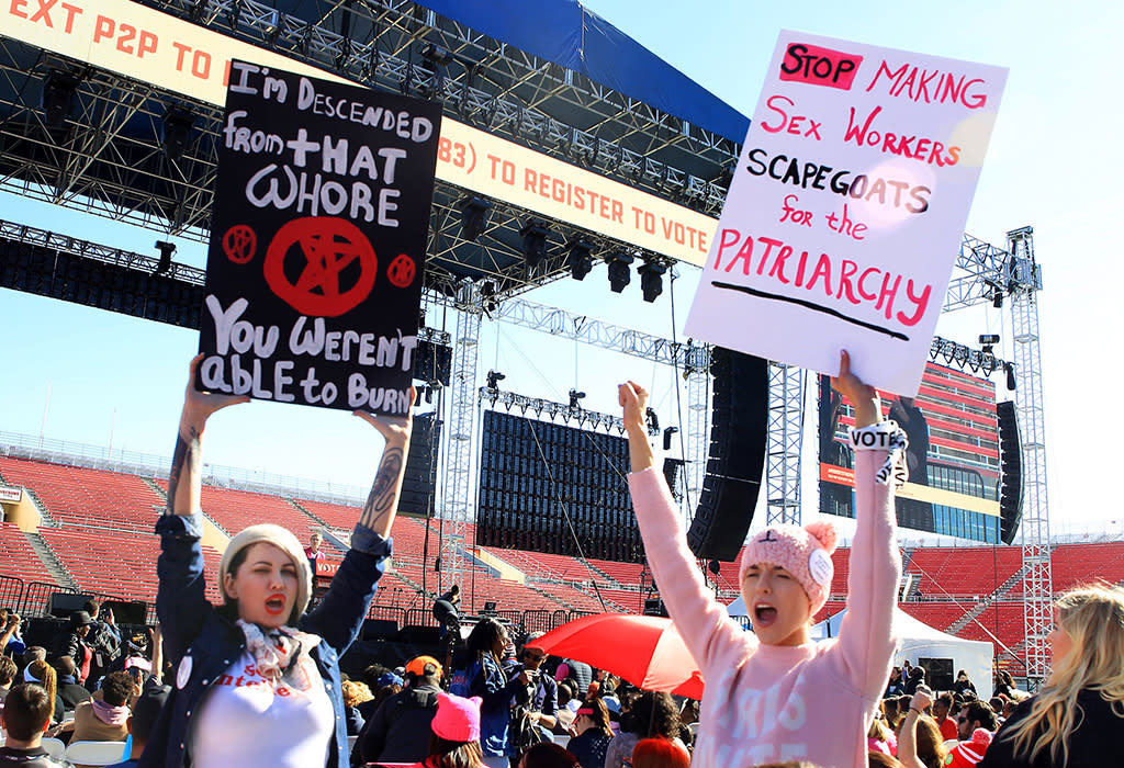 Sex-worker activists take to the stage at the Women’s March Anniversary “Power To The Polls” event in January. (Photo: L.E. Baskow/AFP/Getty Images)