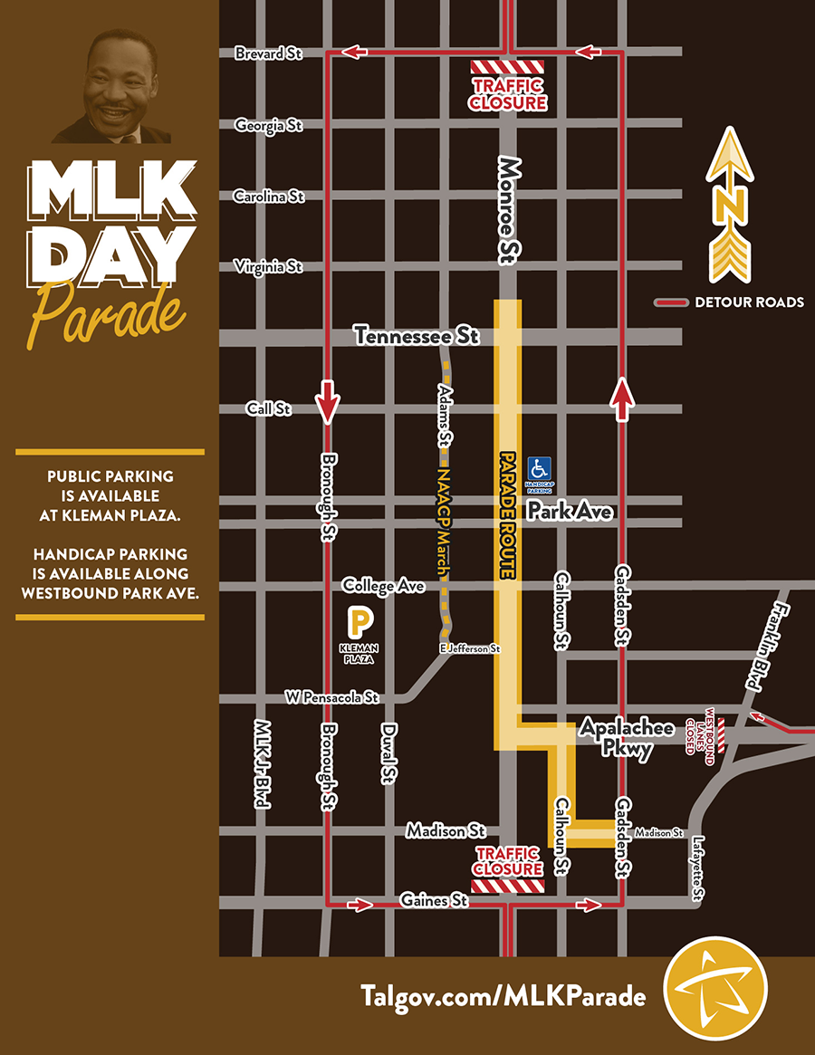 The City of Tallahassee updated their MLK parade website which now includes a full map of the parade route and road closures.