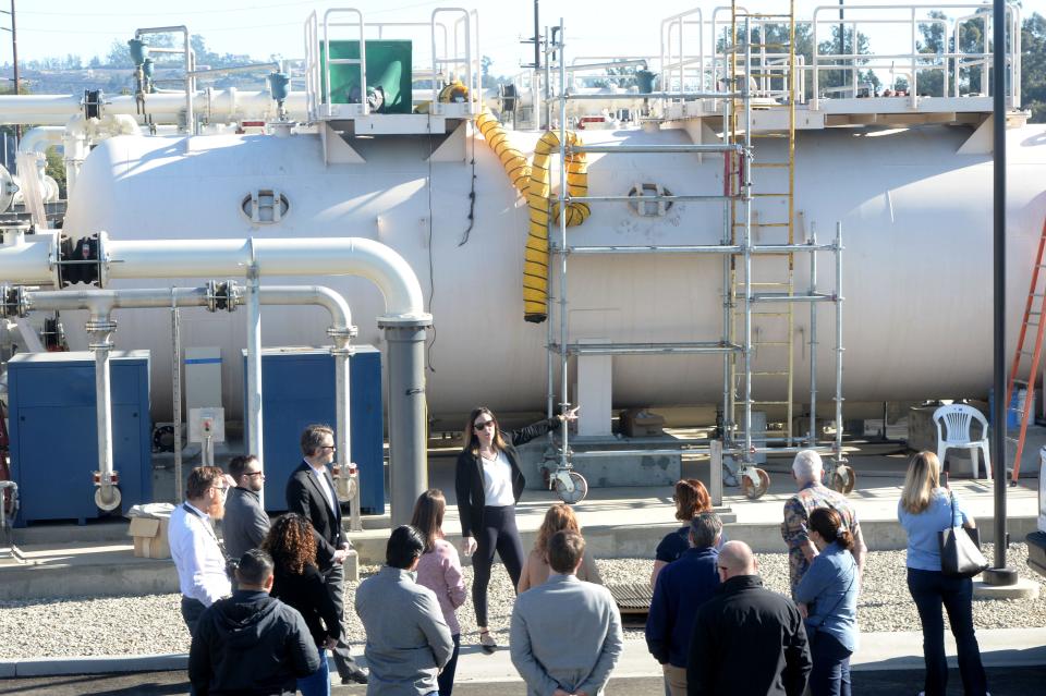 Kirstin Kale, center, design manager at engineering firm Brown and Caldwell, gives a tour of the recently opened North Pleasant Valley Groundwater Desalter in Camarillo on Tuesday, Nov. 30, 2021. The plant is operating now for test purposes, but city officials expect it to be fully operational by summer.