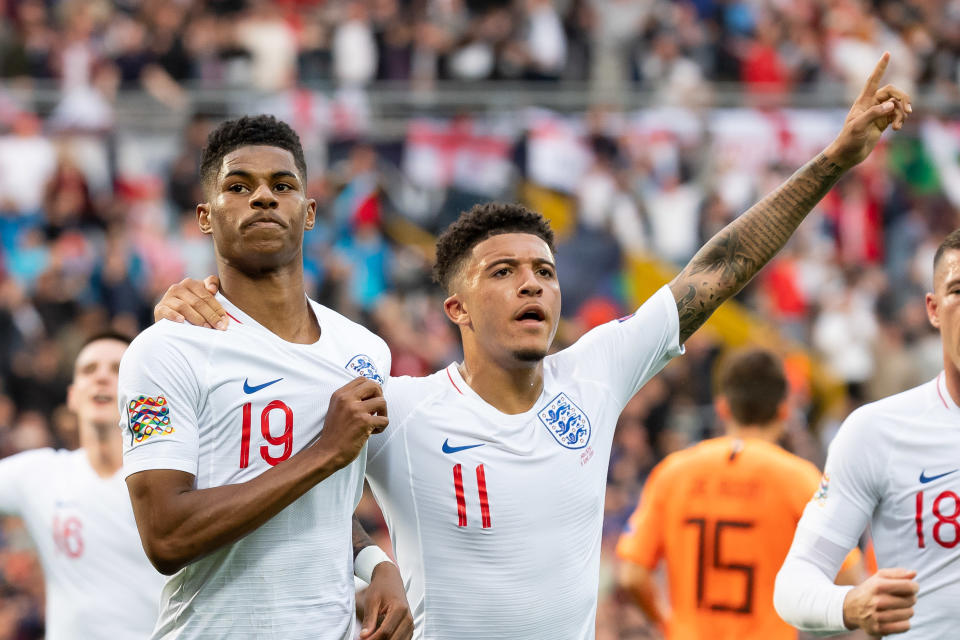 GUIMARAES, PORTUGAL - JUNE 06:Marcus Rashford of England celebrates after scoring his team's first goal with Jadon Sancho of England during the UEFA Nations League Semi-Final match between the Netherlands and England at Estadio D. Afonso Henriques on June 6, 2019 in Guimaraes, Portugal. (Photo by TF-Images/Getty Images)