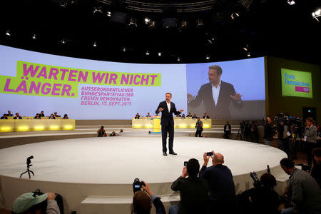 The leader of Germany's Free Democrats (FDP) Christian Lindner speaks at the FDP party convention in Berlin, Germany, September 17, 2017. REUTERS/Axel Schmidt