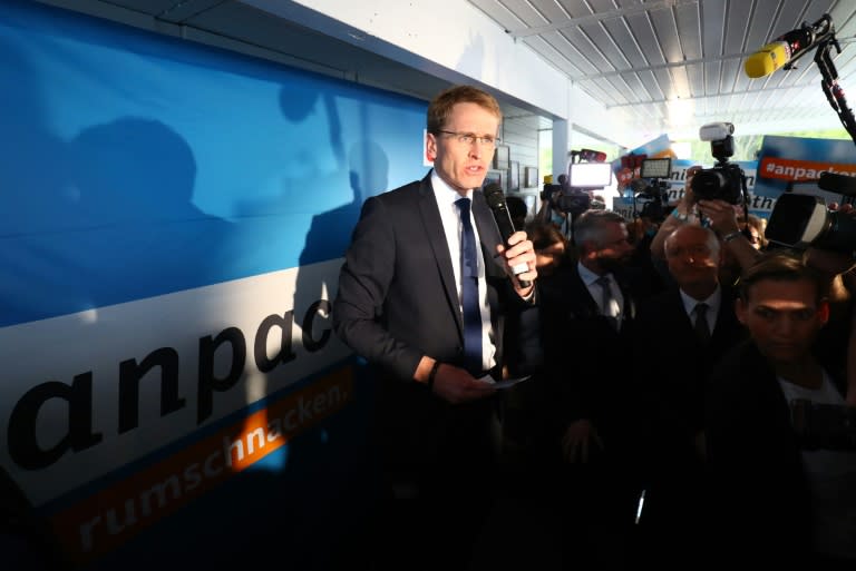 Daniel Guenther, candidate of the Conservative Christian Democrats (CDU) party for the Schleswig-Holstein state election, speaks in Kiel, northern Germany, on May 7, 2017