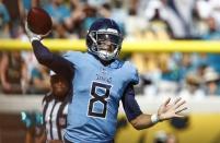 Sep 23, 2018; Jacksonville, FL, USA; Tennessee Titans quarterback Marcus Mariota (8) throws a pass during the second half against the Jacksonville Jaguars at TIAA Bank Field. Mandatory Credit: Reinhold Matay-USA TODAY Sports