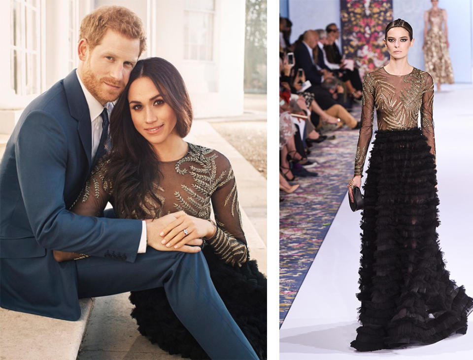 The former ‘Suits’ star is wearing an embellished couture gown by Ralph & Russo [Photo: Kensington Palace/Getty]