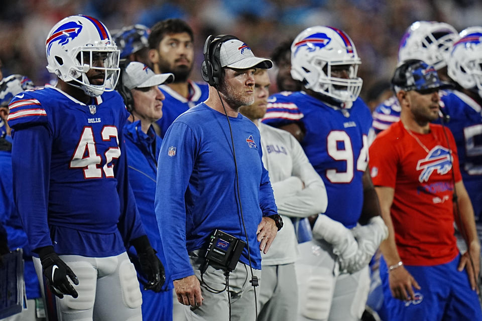 Buffalo Bills head coach Sean McDermott watches during the second half of an NFL preseason football game against the Carolina Panthers on Friday, Aug. 26, 2022, in Charlotte, N.C. (AP Photo/Rusty Jones)