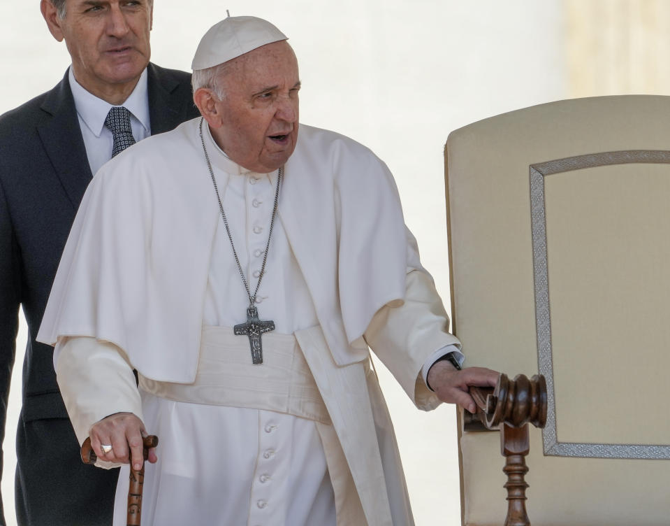 Pope Francis arrives to his weekly general audience in St. Peter's Square at The Vatican Wednesday, June 15, 2022. (AP Photo/Andrew Medichini)