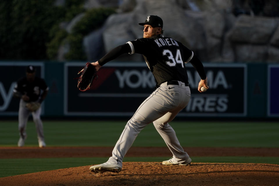 Chicago White Sox starting pitcher Michael Kopech throws to the plate during the second inning of a baseball game against the Los Angeles Angels Tuesday, June 27, 2023, in Anaheim, Calif. (AP Photo/Mark J. Terrill)