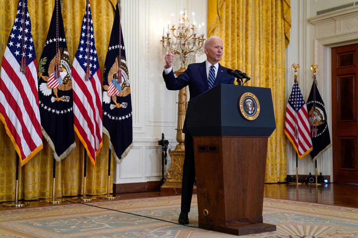 President Joe Biden speaks during a news conference in the East Room of the White House, Thursday, March 25, 2021, in Washington.
