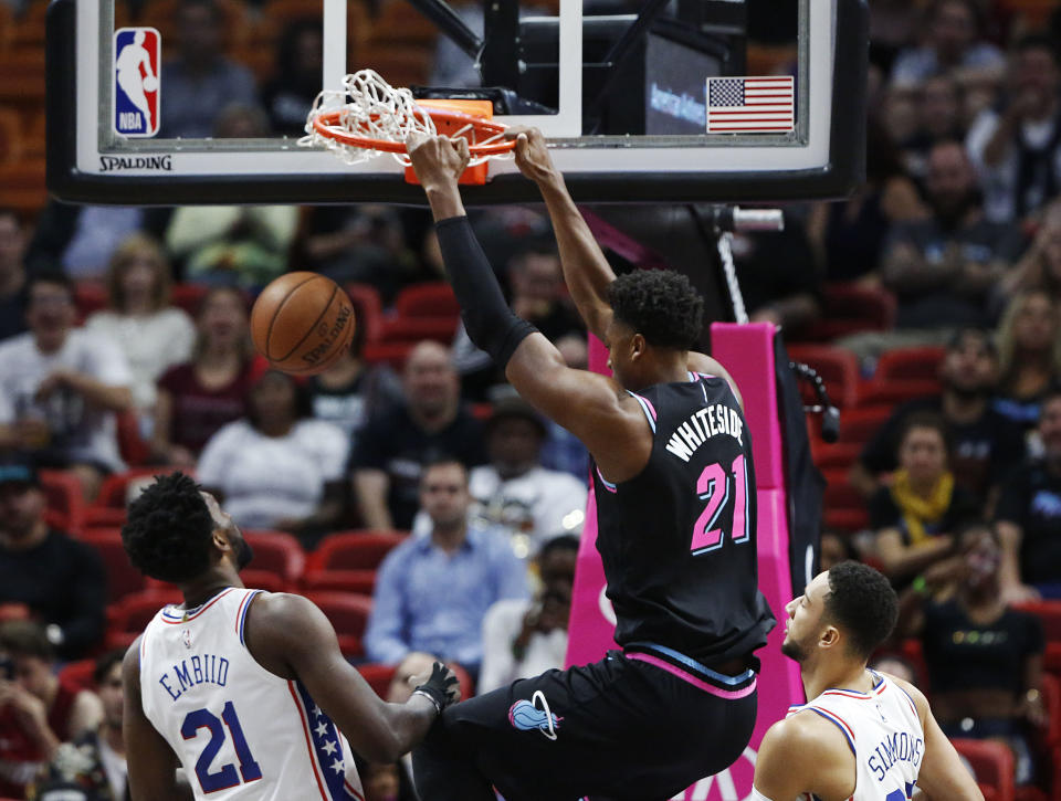 Miami Heat center Hassan Whiteside has seen his fantasy value on the rise (AP Photo).