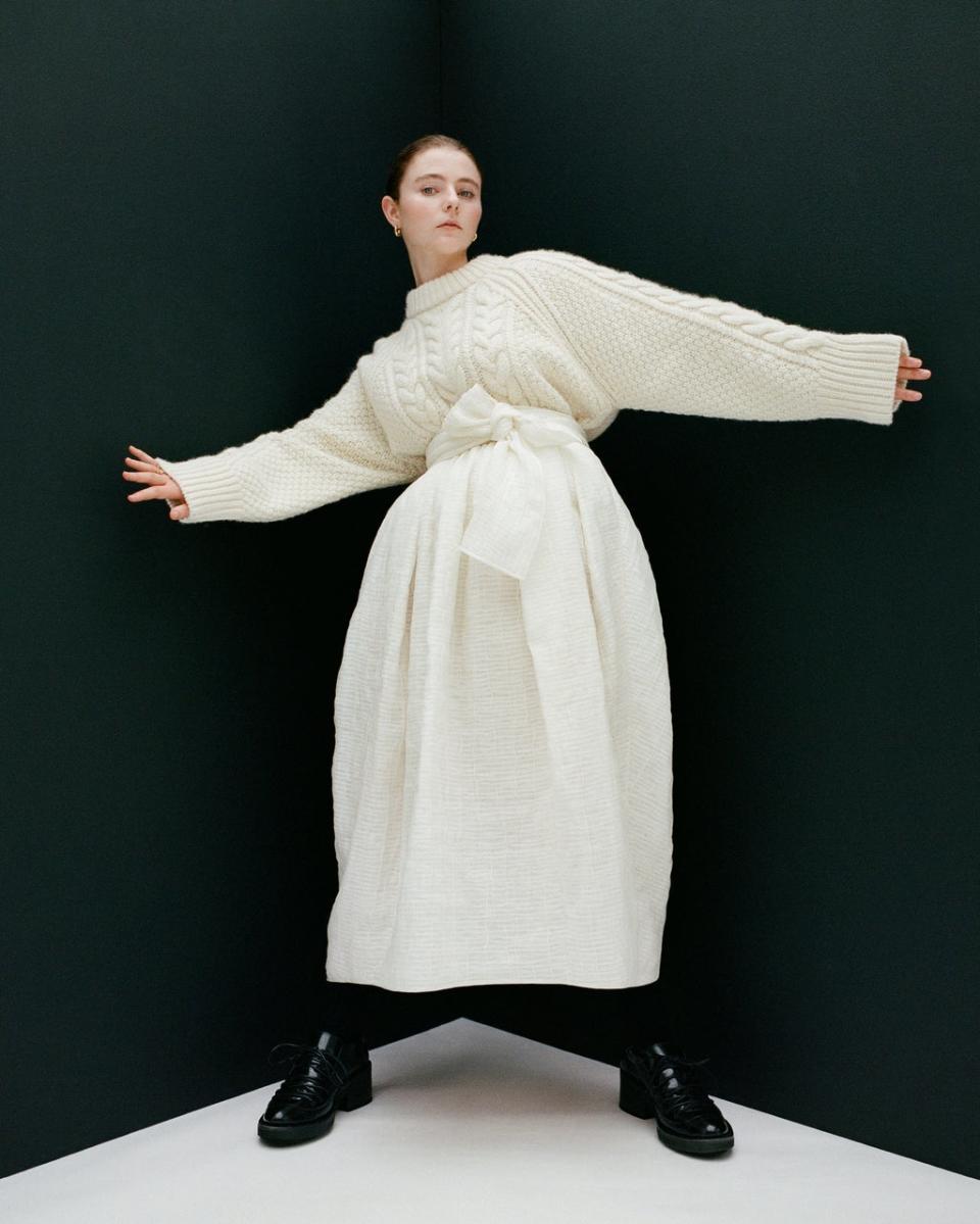 Cecile Bahnsen Giselle jumper, £470; Janetskirt, £1,300 (cecilebahnsen.com). Simone Rocha brogues, £750 (93 Mount Street, W1). Louise OlseN large Liquid earring, £245, at dinosaurdesigns.co.uk. Alighieri The Beginning of the Plait ring, £250; The Better Craftsman ring, £395 (alighieri.com). (Georgia Devey Smith)