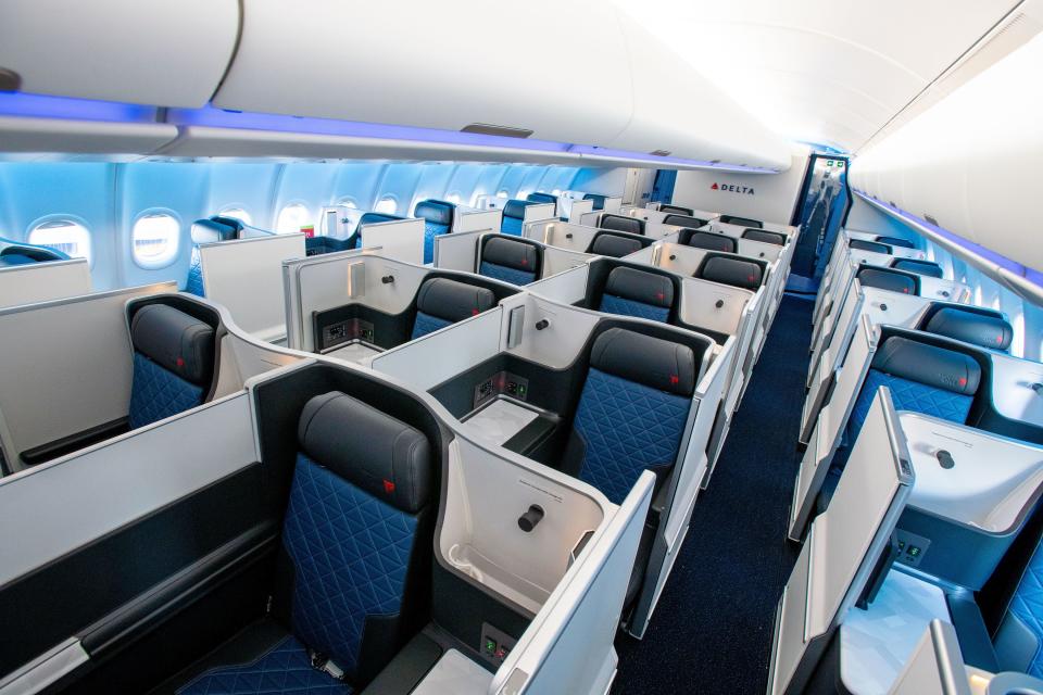 The DeltaOne international business class cabin on board a Delta Air Lines Airbus A330-900neo