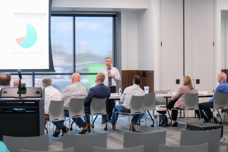 Amarillo ISD Superintendent Doug Loomis speaks about declining attendance numbers at a workshop given by Amarillo ISD with the Amarillo City Council and the Potter County Commissioner's Court in attendance at Am Tech Career Academy in Amarillo.