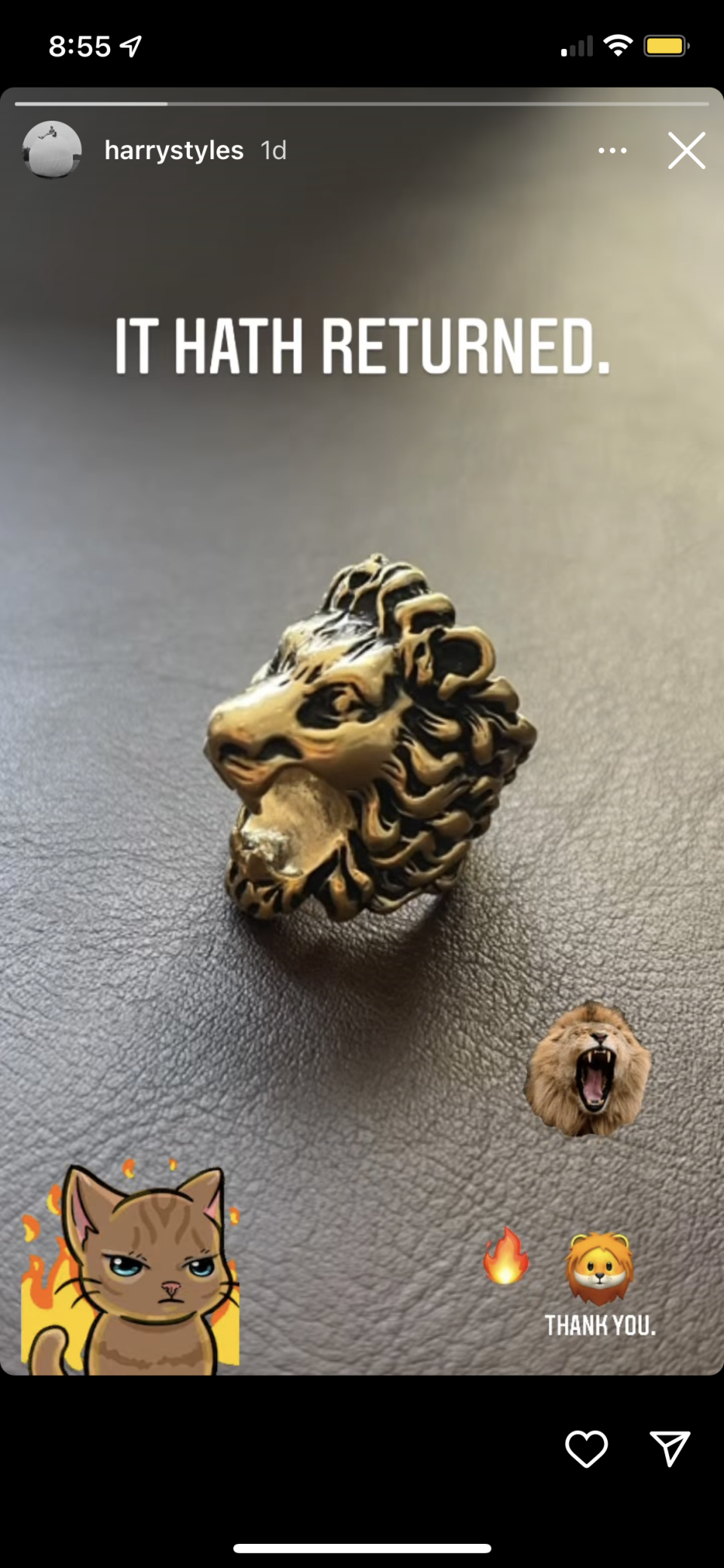 Singer Harry Styles celebrated the return of his gold lion ring on Instagram.