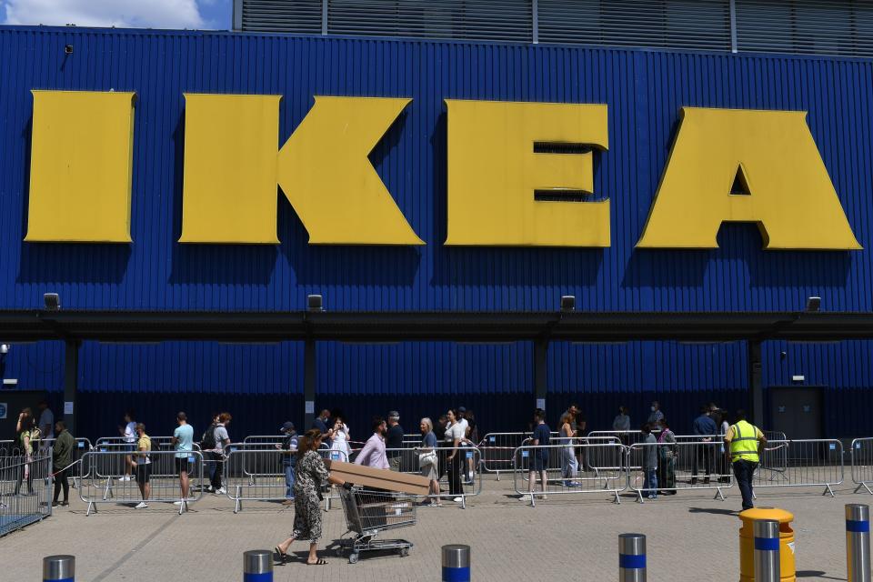 Members of the public queue outside an Ikea store at Wembley in north-west London as it re-opens its doors following the easing of the lockdown restrictions during the novel coronavirus COVID-19 pandemic on June 1, 2020. - Some non-essential stores, car dealerships and outdoor markets in Britain on June 1 were able to reopen from their COVID-19 shutdown in an easing of coronavirus lockdown measures. (Photo by DANIEL LEAL-OLIVAS / AFP) (Photo by DANIEL LEAL-OLIVAS/AFP via Getty Images)