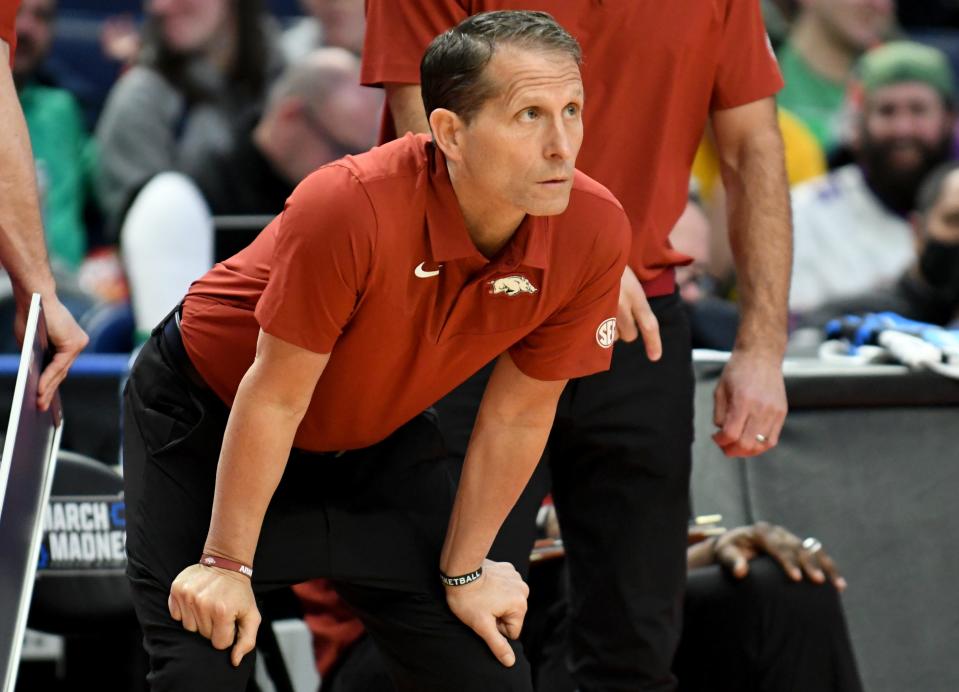 Mar 17, 2022; Buffalo, NY, USA; Arkansas Razorbacks head coach Eric Musselman in the first half against the Vermont Catamounts during the first round of the 2022 NCAA Tournament at KeyBank Center. Mandatory Credit: Mark Konezny-USA TODAY Sports