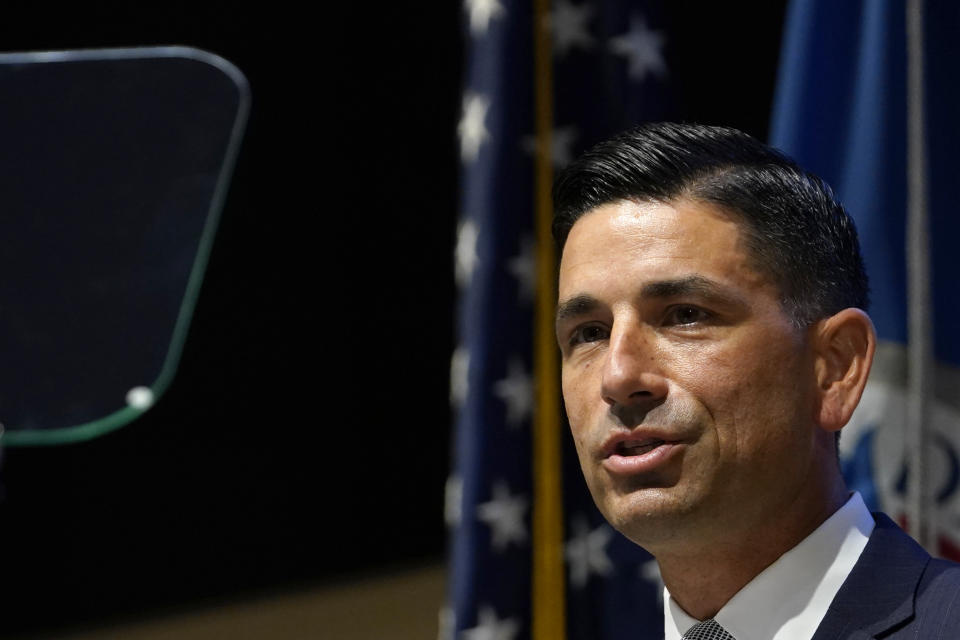 Department of Homeland Security Acting Secretary Chad Wolf speaks during an event at DHS headquarters in Washington, Wednesday, Sept. 9, 2020. (AP Photo/Susan Walsh)