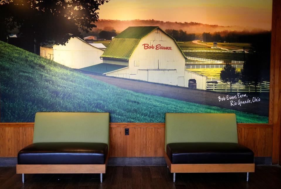 A mural of the Bob Evans Farm in Rio Grande covers the lobby of the Blue Ash restaurant. Bob Evan Farms was founded in 1953. Restaurants are now in 18 states and breakfast is served all day long.