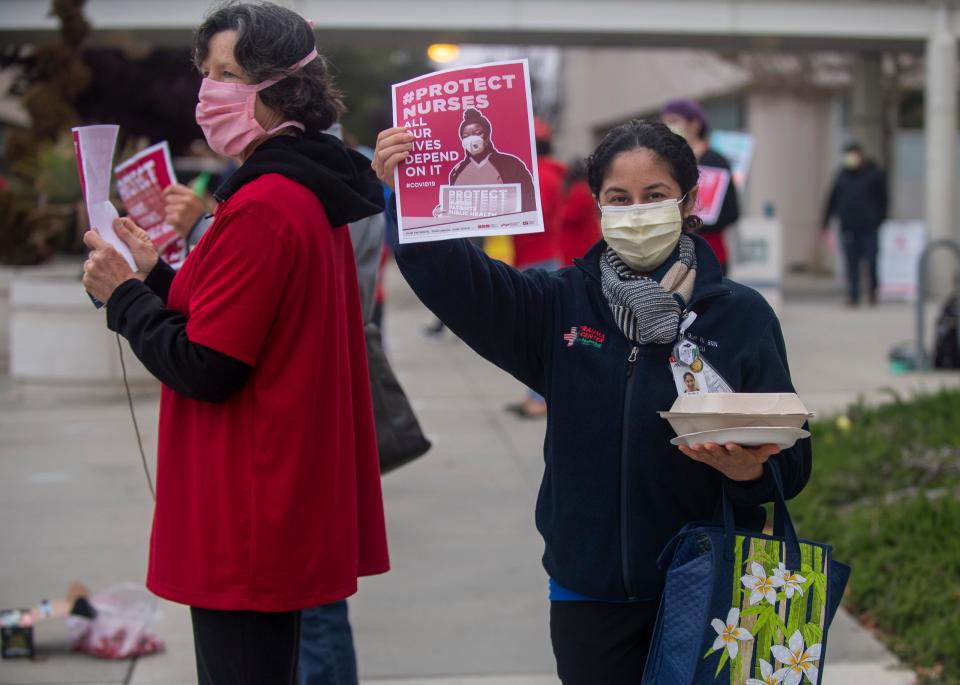 Nurses from Natividad and Salinas Valley Memorial Healthcare System joined nurses across the state to advocate for equal protection when treating COVID-19 patients. They wore red to represent the California Nurses Association on Thursday, April 16, 2020.