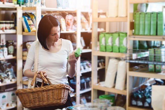 A woman buys products at a store.