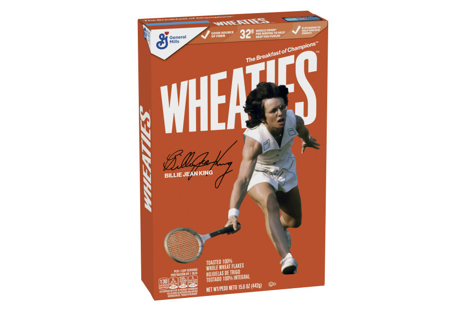 This handout provided by General Mills shows a Wheaties box featuring Billie Jean King. Billie Jean King is a 39-time Grand Slam champion and an equal rights champion — and now she's getting the Breakfast of Champions treatment. The twice-inducted tennis Hall of Famer will appear on a limited-edition box of Wheaties. The cereal maker announced Thursday, May 2, 2024, that the orange packages with King on the cover will be available at stores around the U.S. later this month. (General Mills via AP)