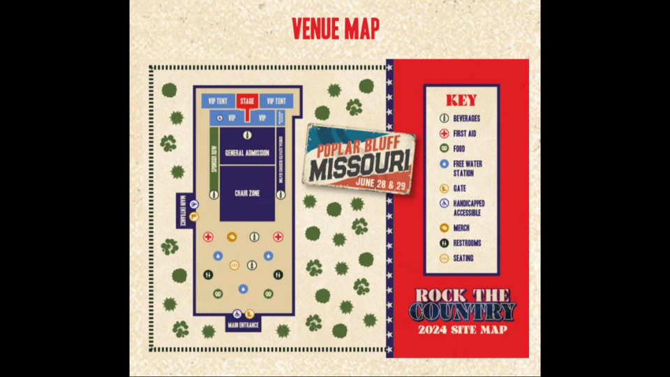 The venue map of the Rock the Country music festival coming to Poplar Bluff June 28-29, 2024. Headliners include Kid Rock, Jason Aldean and Hank Williams Jr.