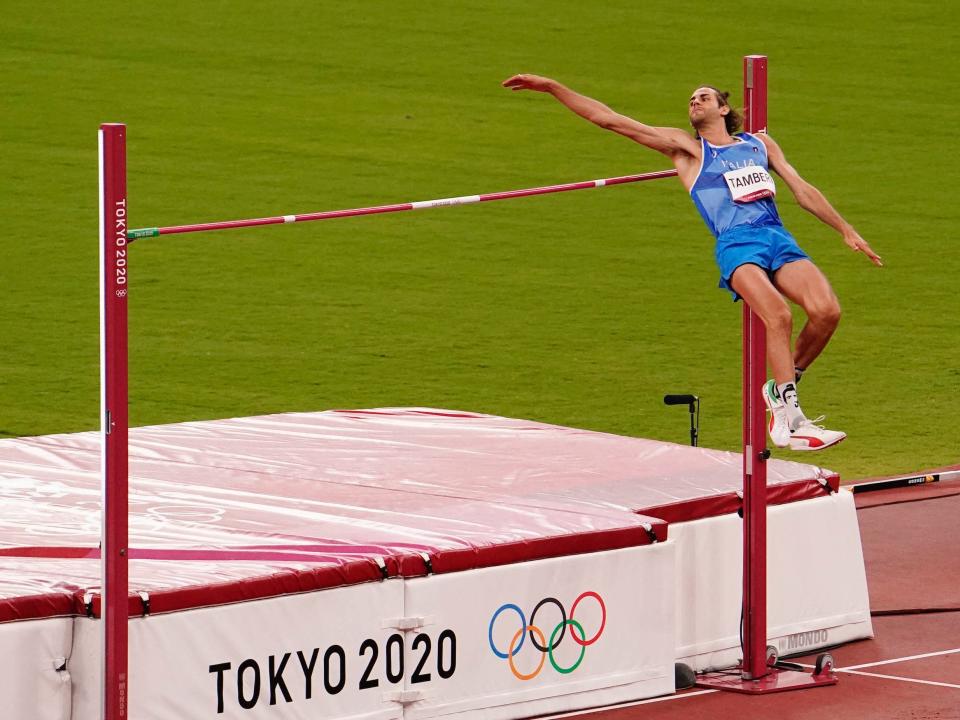 Gianmarco Tamberi competes in high jump at the Tokyo Olympics.
