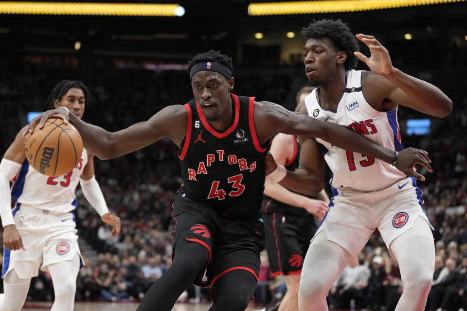 Toronto Raptors forward Pascal Siakam (43) drives past Detroit Pistons center James Wiseman (13) during the first half of an NBA basketball game Friday, March 24, 2023, in Toronto. (Frank Gunn/The Canadian Press via AP)