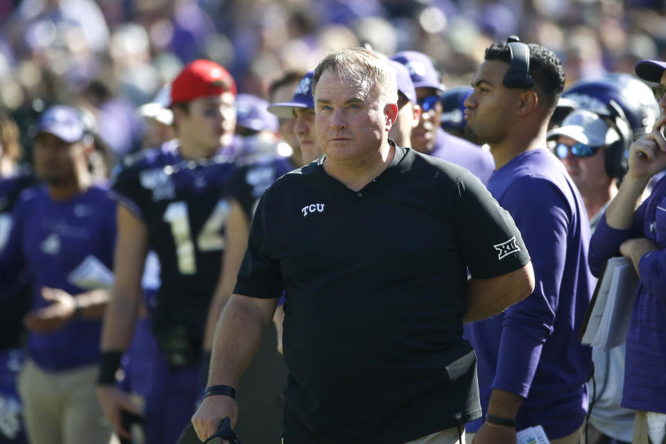 TCU head coach Gary Patterson looks on as TCU plays Baylor during the second half of an NCAA college football game Saturday, Nov. 9, 2019, in Fort Worth, Texas. Baylor won 29-23 in triple overtime. (AP Photo/Ron Jenkins)