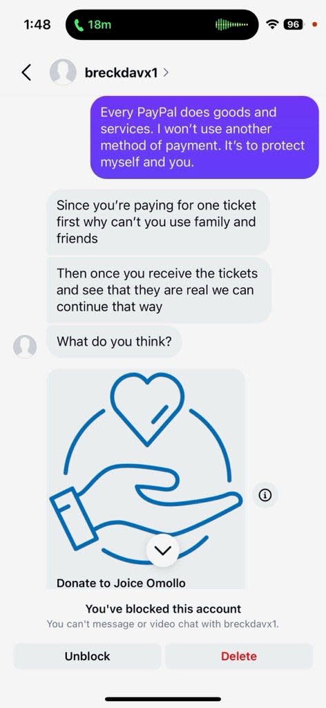 A screenshot of Kayla Middlemist's conversation with a Taylor Swift ticket scammer. The seller tried to convince Middlemist to pay using the donations tab on PayPal, which does not protect buyers who send money electronically.