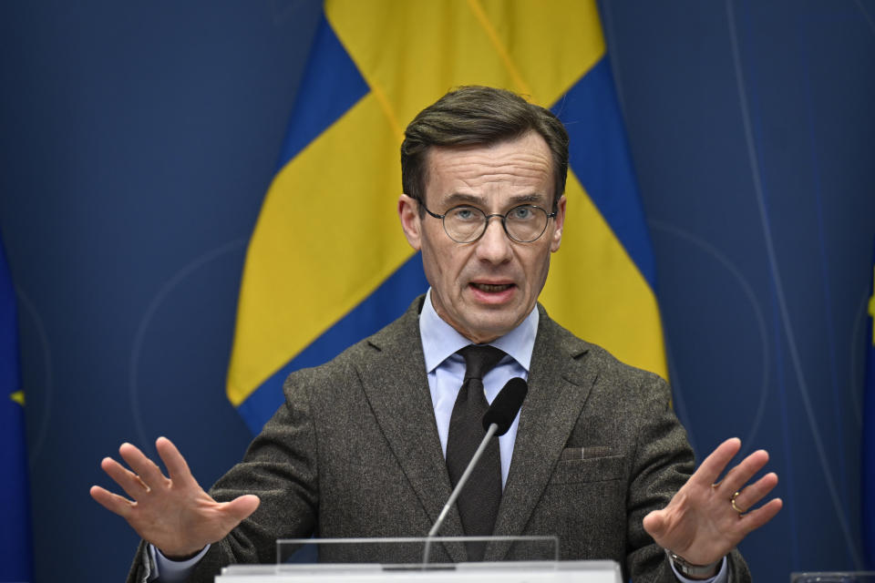 FILE - Sweden's Prime Minister Ulf Kristersson attends a news conference on Sweden's NATO bid in Stockholm, Sweden, Tuesday Jan. 24, 2023. Nearly two years after Sweden formally applied to join NATO, its membership now hinges on convincing one country, Viktor Orbán's Hungary to formally ratify its bid to join the military alliance. (Pontus Lundahl/TT News Agency via AP, File)