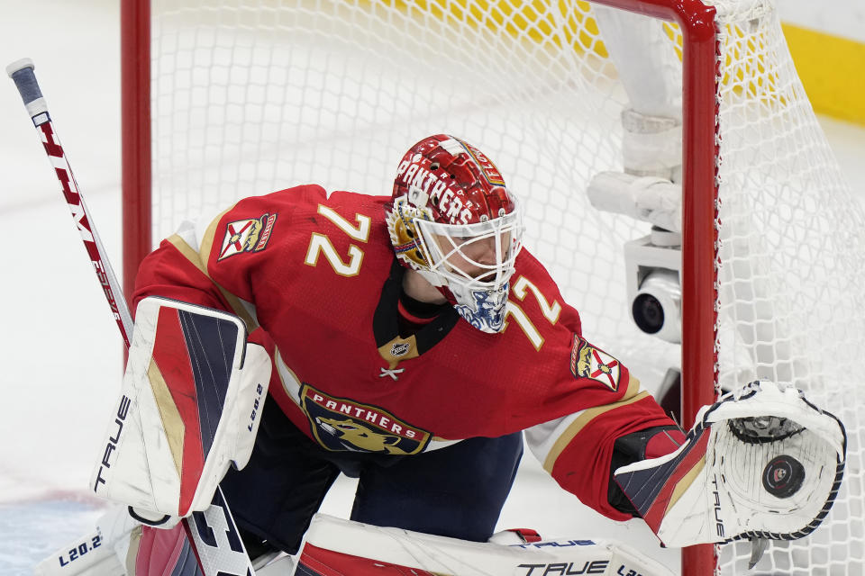 Florida Panthers goaltender Sergei Bobrovsky makes a save during the third period of Game 3 of the NHL hockey Stanley Cup Eastern Conference finals against the Carolina Hurricanes, Monday, May 22, 2023, in Sunrise, Fla. (AP Photo/Wilfredo Lee)