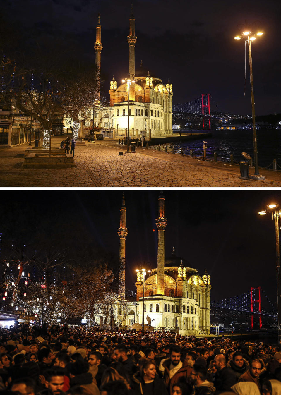 In this combo of images, a few people, on the top image, stand in the plaza in front of the Ottoman-era Mecidiye mosque in Ortakoy square under the "July 15th Martyrs' bridge, formerly known as Bosporus Bridge, over the Bosporus Strait, separating Europe and Asia, in Istanbul, late Thursday, Dec. 31, 2020, where in the bottom image people celebrate the new year at the same spot, early Wednesday, Jan. 1, 2020. As the world says goodbye to 2020, there will be countdowns and live performances, but no massed jubilant crowds in traditional gathering spots like the Champs Elysees in Paris and New York City's Times Square this New Year's Eve. The virus that ruined 2020 has led to cancelations of most fireworks displays and public events in favor of made-for-TV-only moments in party spots like London and Rio de Janeiro. (AP Photo/Emrah Gurel)