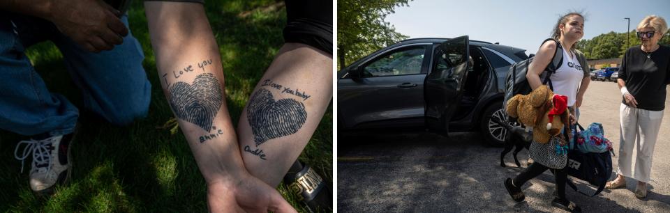 LEFT: Robert Dewey, 47, kneels next to his daughter Amedy Dewey, 23, as they show their matching tattoos on Sunday, July 23, 2023. Amedy got the matching tattoos with her dad in honor of her mother, who was killed in a gun violence attack. RIGHT: Amedy Dewey, 23, holds her travel bag and stuffed animal puppy dog as her grandma Pat Dewey, 71, stands next to her at the McAuley Rehabilitation and Wellness parking lot in Muskegon on Sunday, July 23, 2023. The stuffed animal belonged to her deceased mother and has participated in over 20 of Dewey's surgeries.