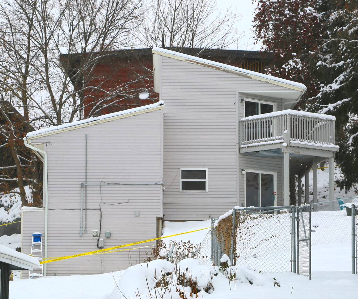 A view from the side of the house on the 1100 block of King Road in Moscow where police found four University of Idaho students stabbed to death.