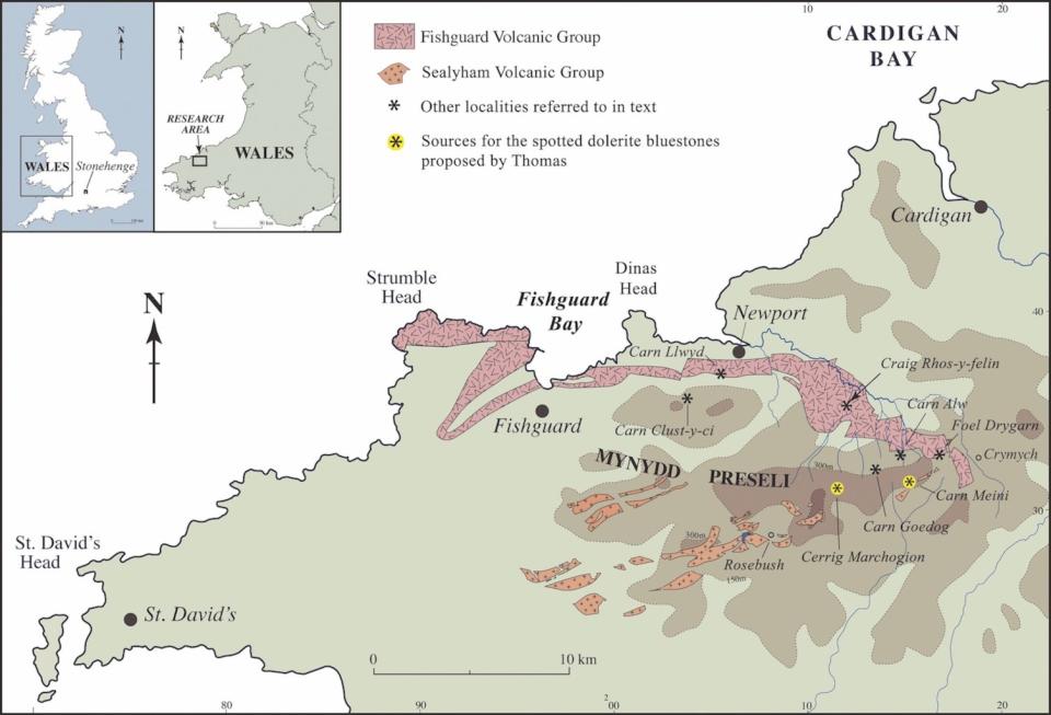 A map of north Pembrokeshire, Wales, showing the key rock outcrops in the Preseli Hills. <cite>Richard Bevins and Rob Ixer, Antiquity 2018</cite>