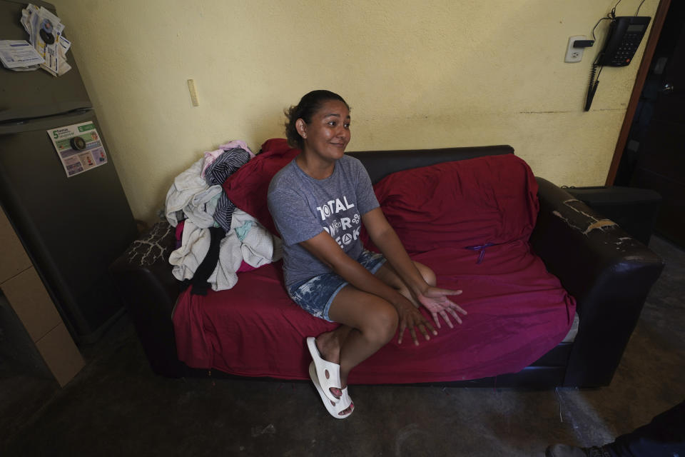 Susana Ramos, whose husband Ruben Torres has been missing since Hurricane Otis, gives an interview in Acapulco, Mexico, Saturday, Nov. 11, 2023. It was 12:20 a.m. on Oct. 25. when Otis made landfall in the Pacific port of Acapulco as a Category 5 hurricane and sailor Ruben Torres recorded a ten-second message to his wife as the yacht's three crew members adjusted their life jackets to jump overboard. One of thew crew members survived and Torres and the captain are still lost in the ocean. (AP Photo/Marco Ugarte)