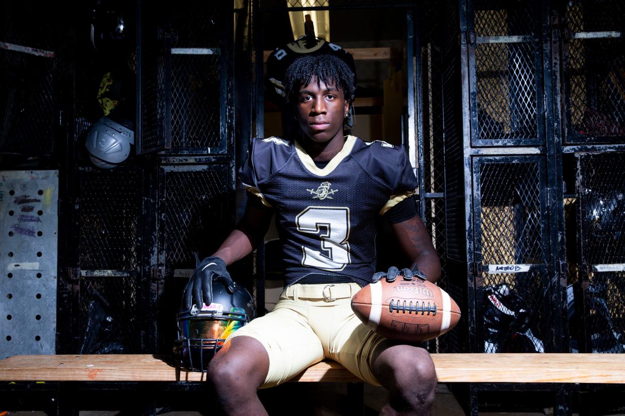 Radarious Jackson poses for a portrait in the football team's locker room at Sheffield High School in Memphis, Tenn., on Wednesday, October 11, 2023.