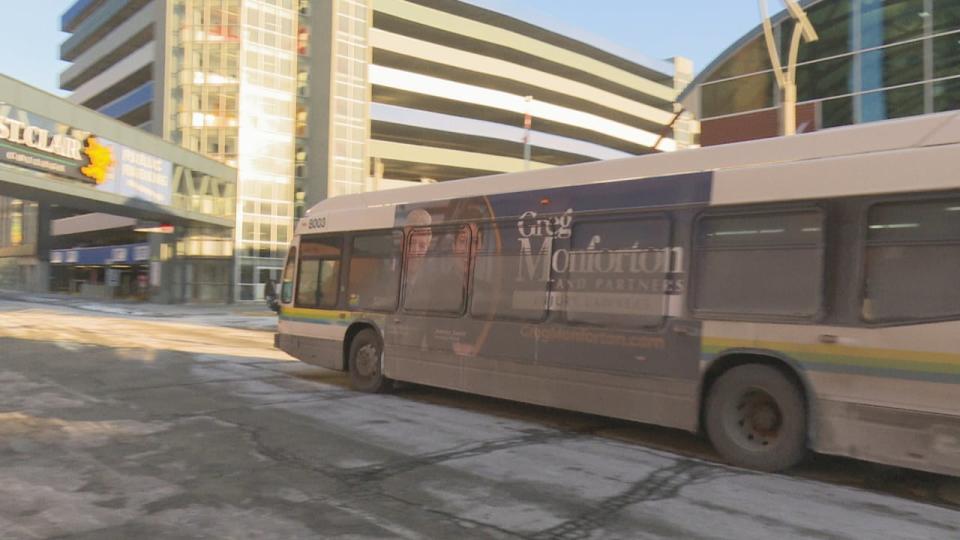 A bus departs from the terminal in downtown Windsor on a cold day in January 2024.