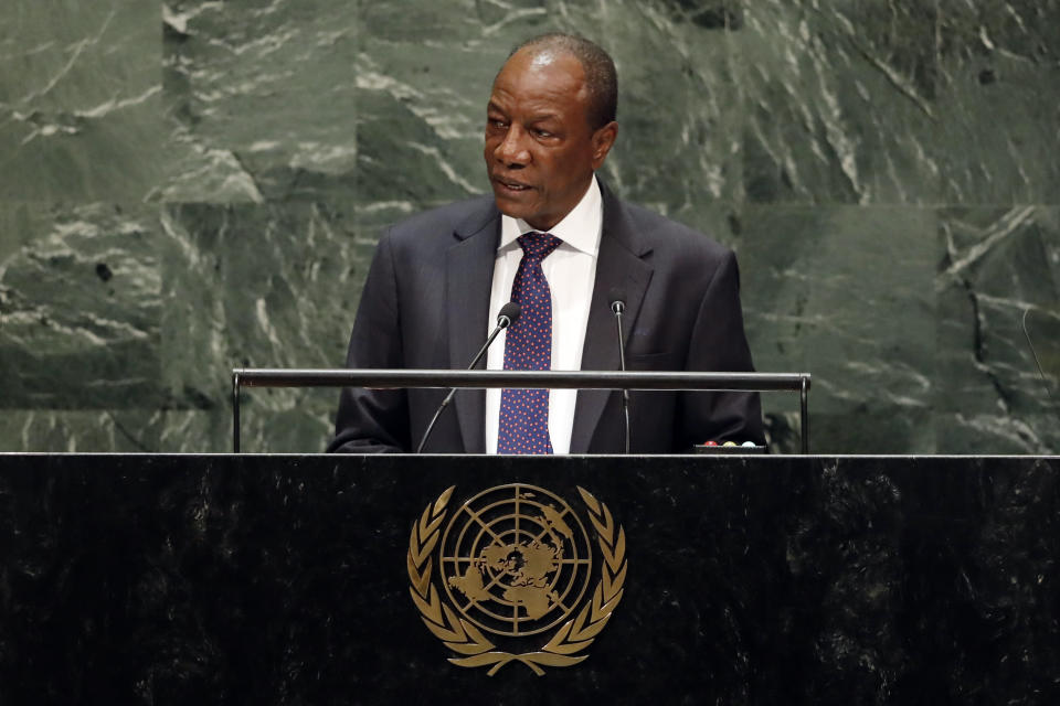 Guinea's President Alpha Conde addresses the 74th session of the United Nations General Assembly, Wednesday, Sept. 25, 2019. (AP Photo/Richard Drew)