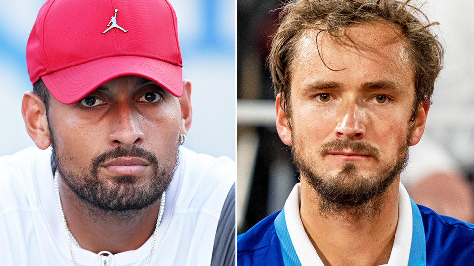 Nick Kyrgios (pictured left) after winning the Citi Open title and (pictured right) Daniil Medvedev during a changeover.