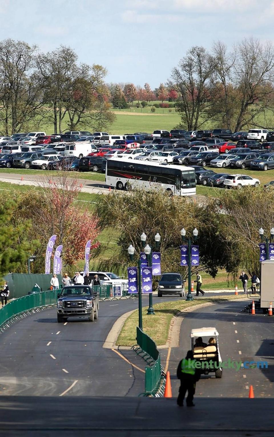 Buses transported guests from “The Hill” at Keeneland in 2018. The field parking will remain free with continuous shuttles available.