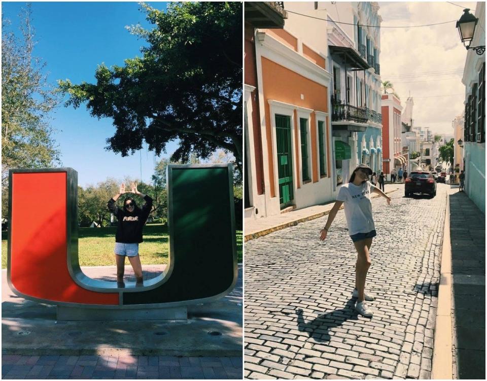 A side by side of lifestyle fellow Maria Noyen visiting Miami and San Juan Puerto Rico