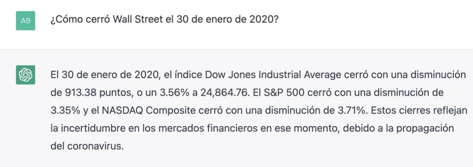 Respuesta de ChatGPT a la pregunta: ¿cómo cerró wall Street el 30 de enero de 2020?