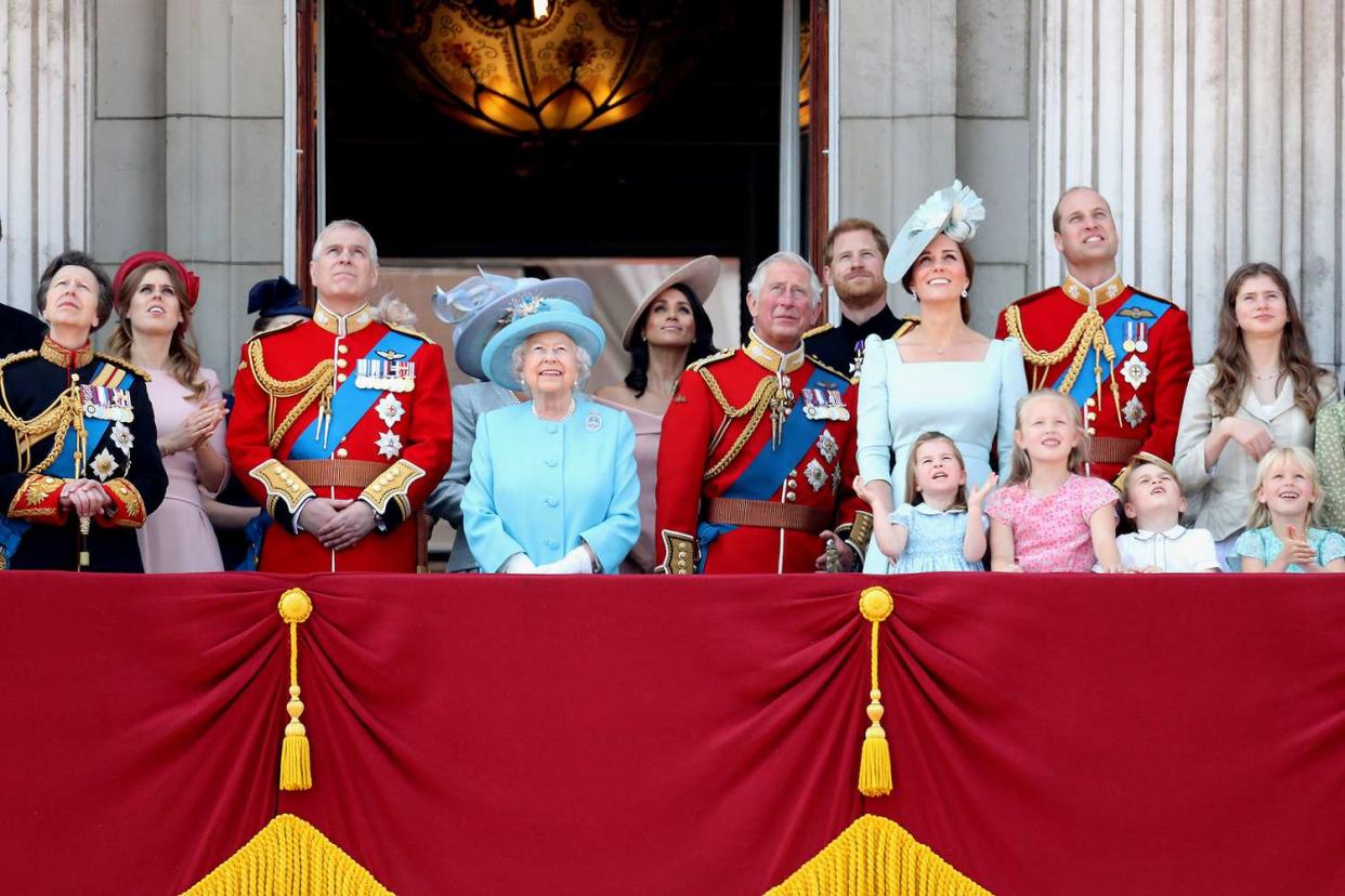 Princess Anne, Princess Royal, Princess Beatrice, Lady Louise Windsor, Prince Andrew, Duke of York, Queen Elizabeth II, Meghan, Duchess of Sussex, Prince Charles, Prince of Wales, Prince Harry, Duke of Sussex, Catherine, Duchess of Cambridge, Prince William, Duke of Cambridge, Princess Charlotte of Cambridge, Savannah Phillips, Prince George of Cambridge and Isla Phillips